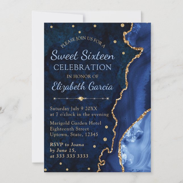 Navyblå & guldglitter Agat och marmor Sweet 16 Inbjudningar (Framsida)