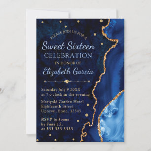 Navyblå & guldglitter Agat och marmor Sweet 16 Inbjudningar