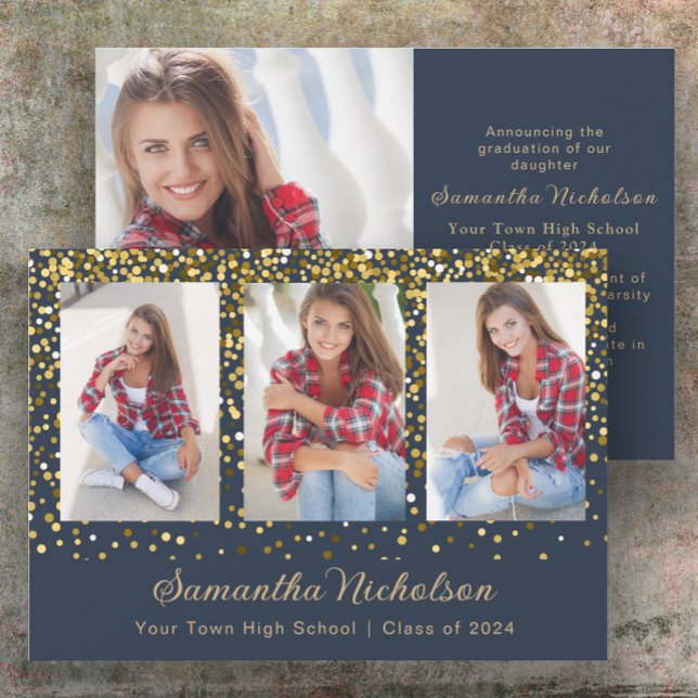 Navyblå guldglitter Klass 2024 Examen  (Navy blue and gold glitter 4-photo graduation announcement)