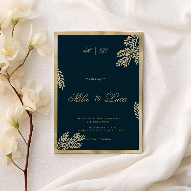 Navyblå guldglittrande bladblommig bröllop  inbjudningar (Navy blue gold glitter leaf floral Wedding)