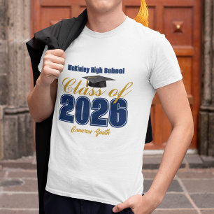Navyblå guldklass 2026 anpassad examen t shirt