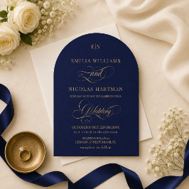 Navyblå Guldmonogram Elegant Bröllop Inbjudningar