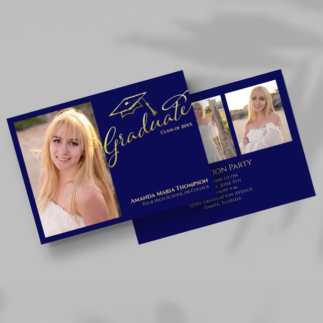 Navyblå guldskrift Multi Foto Examen Fest Inbjudan (Navy blue and gold script graduation invitation with large portrait photo on the front.)