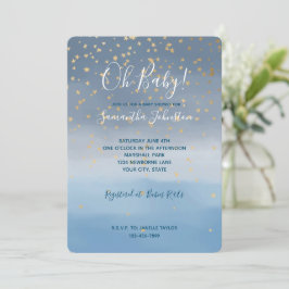 Navyblå Guldstjärnor Himmel Akvarell Baby Shower Inbjudningar