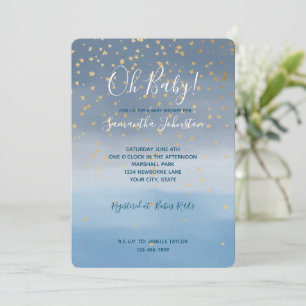 Navyblå Guldstjärnor Himmel Akvarell Baby Shower Inbjudningar