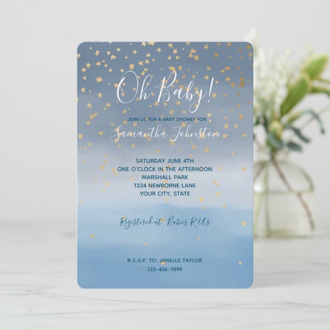 Navyblå Guldstjärnor Himmel Akvarell Baby Shower Inbjudningar (Stående Fram)