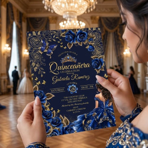 Navyblå gyllene tiara rosor Quinceañera Inbjudningar
