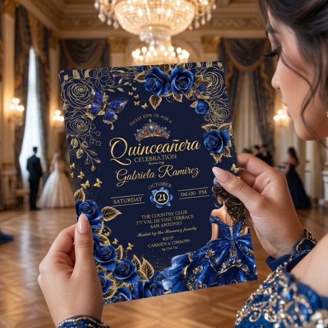 Navyblå gyllene tiara rosor Quinceañera Inbjudningar (Skapare uppladdad)