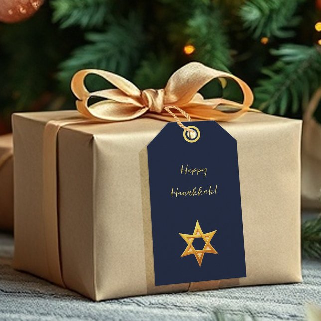Navyblå Hanukkah Gyllene Davidstjärna Presentetikett (Skapare uppladdad)