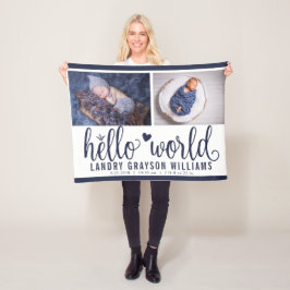Navyblå Hello World Monogram Babystatistik Fleecefilt