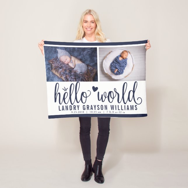 Navyblå Hello World Monogram Babystatistik Fleecefilt (På plats)