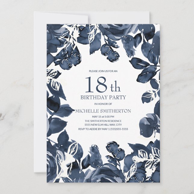 Navyblå Indigo Blad 18-årsdag Inbjudningar (Framsida)