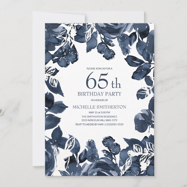 Navyblå Indigo Blad 65-årsdag Inbjudningar (Framsida)