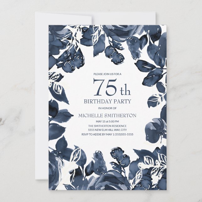 Navyblå Indigo blad 75-årsdag Inbjudningar (Framsida)
