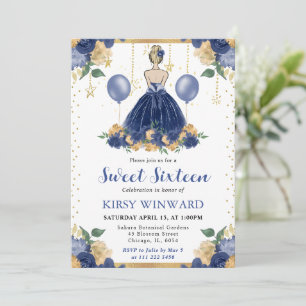 Navyblå klänning Blondt hår Prinsessa Sweet 16 Inbjudningar