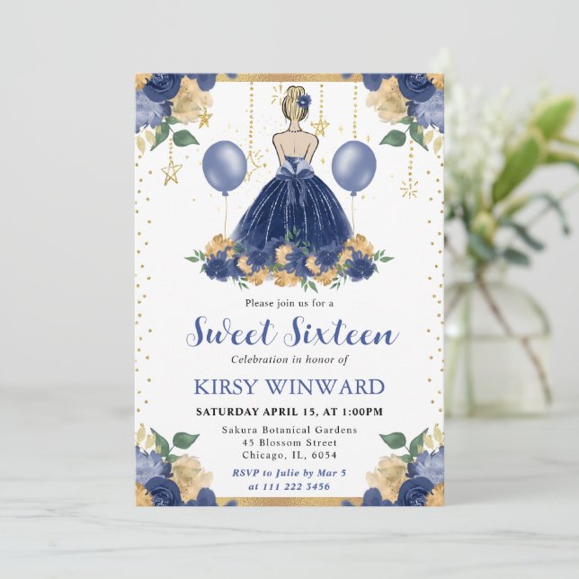 Navyblå klänning Blondt hår Prinsessa Sweet 16 Inbjudningar (Stående Fram)
