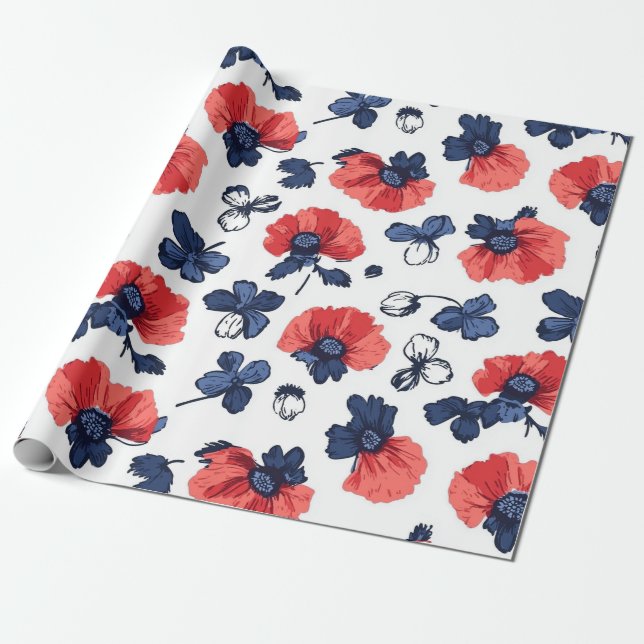 Navyblå & Korallvallmo Blommig Vintage Presentpapper (Utrullad)
