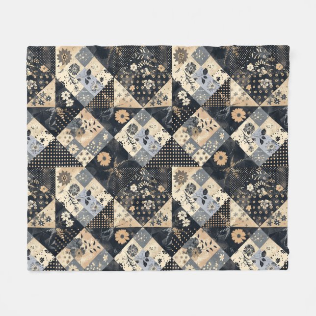Navyblå krämfärgad quilt patchwork gingham fleecefilt (Framsidan (Horisontell))