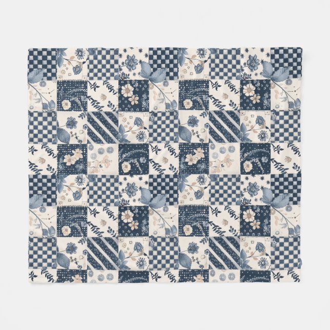 Navyblå krämfärgad quilt patchwork gingham fleecefilt (Framsidan (Horisontell))