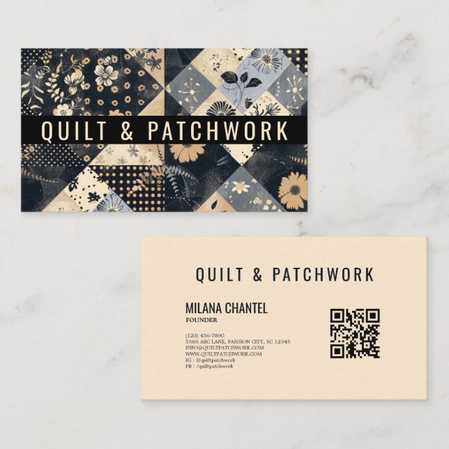 Navyblå krämfärgad quilt patchwork handgjord klänn visitkort (Fram/baksida)