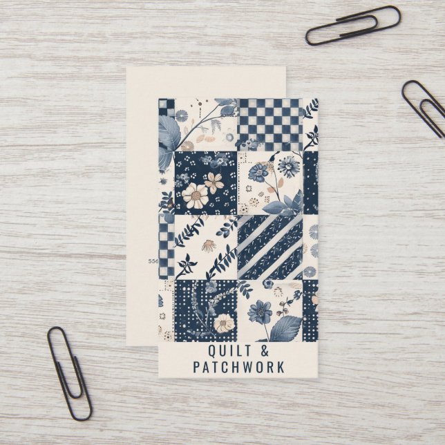 Navyblå krämfärgad quilt patchwork handgjord klänn visitkort (Fram/Back In Situ)