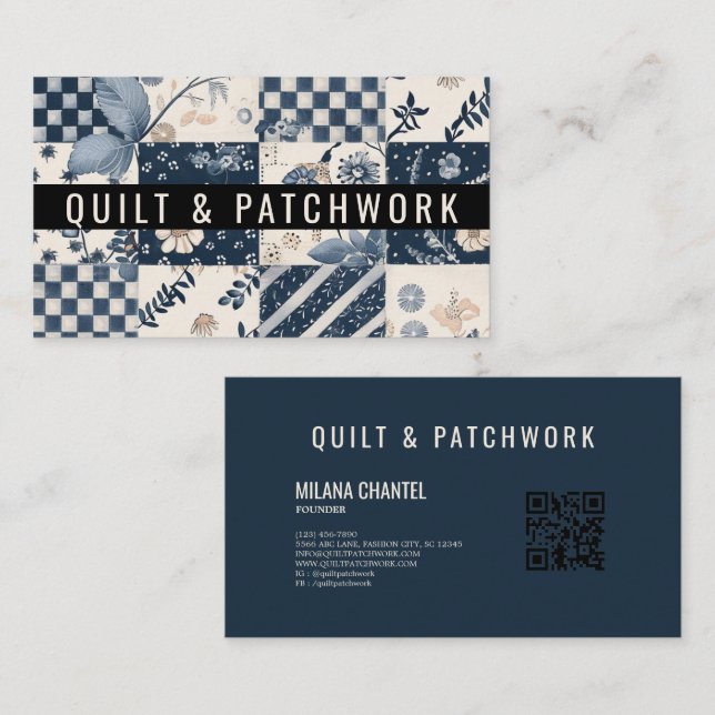 Navyblå krämfärgad quilt patchwork handgjord klänn visitkort (Fram/baksida)