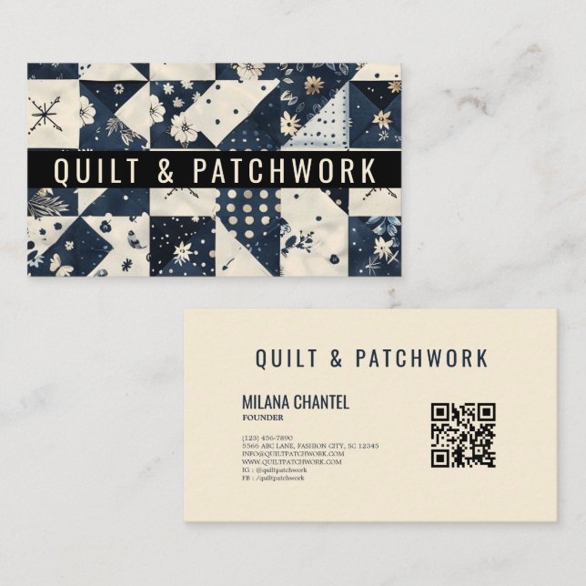 Navyblå krämfärgad quilt patchwork handgjord klänn visitkort (Fram/baksida)