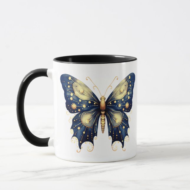 Navyblå Ljusgrön Guld Fjäril Halloween Mugg (Vänster)