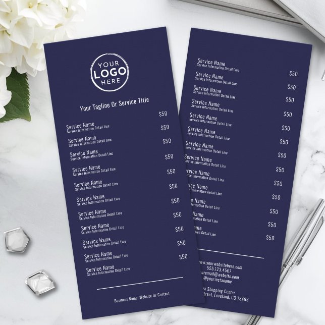 Navyblå menykort för tjänster reklamkort (Navy Blue Services Menu Rack Card)