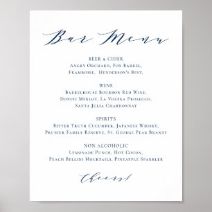 Navyblå minimalistisk bröllopsbarmeny i scriptstil poster