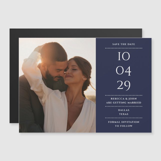 Navyblå Modern Bröllopsfoto Save The Date Magnetisk Inbjudningskort (Fram/baksida)