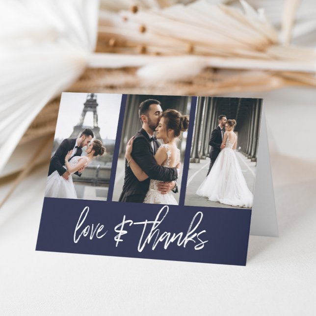 Navyblå Modern Kärlek och Tacksamhet Fotocollage Tack Kort (A simple and elegant way to say thank you with a personal touch by adding three photos on the front.)