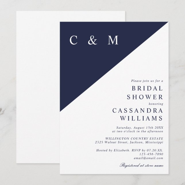 Navyblå Modern Minimalist Monogram Bröllopsfest Inbjudningar (Fram/baksida)