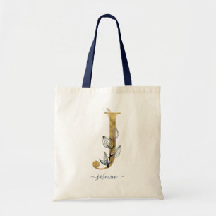 Navyblå Modern Monogram Bokstav "J" Med Guldblad Tygkasse