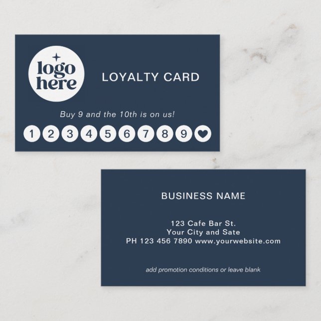 Navyblå Modern Professionell Logotyp Lojalitetskor Visitkort (Fram/baksida)
