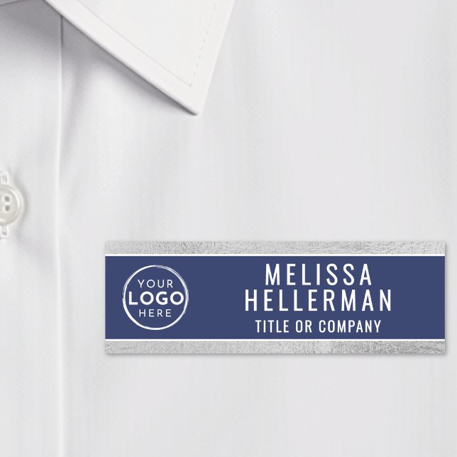 Navyblå Modernt Företagets Logotyp Namnbricka (Navy Blue Modern Business Logo Name Tag)
