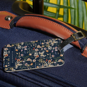 Navyblå monogram blommig bagagetikett bagagebricka