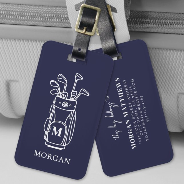 Navyblå monogram golfväska bagagebricka (Navy Blue Monogram Golf Bag Luggage Tag)