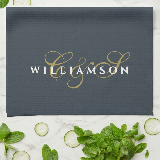 Navyblå monogram guld vit minimalistisk duo  kökshandduk (Vikta)