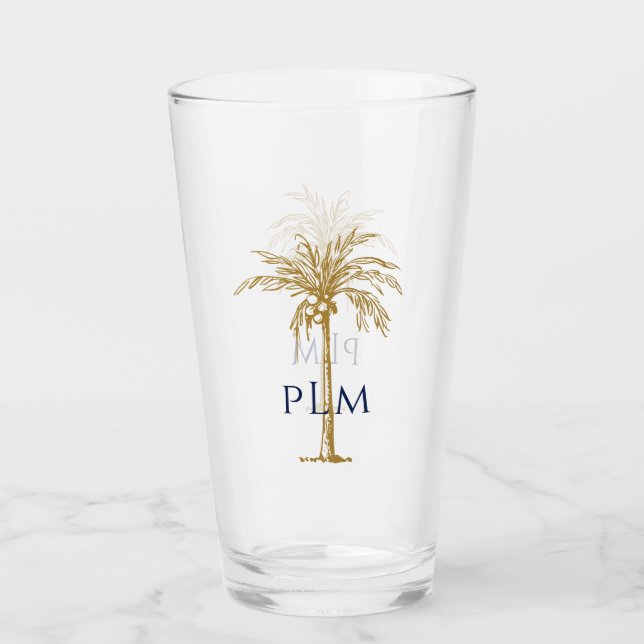 Navyblå monogram på konstnärlig tropisk guldpalm glaskopp (Framsida)