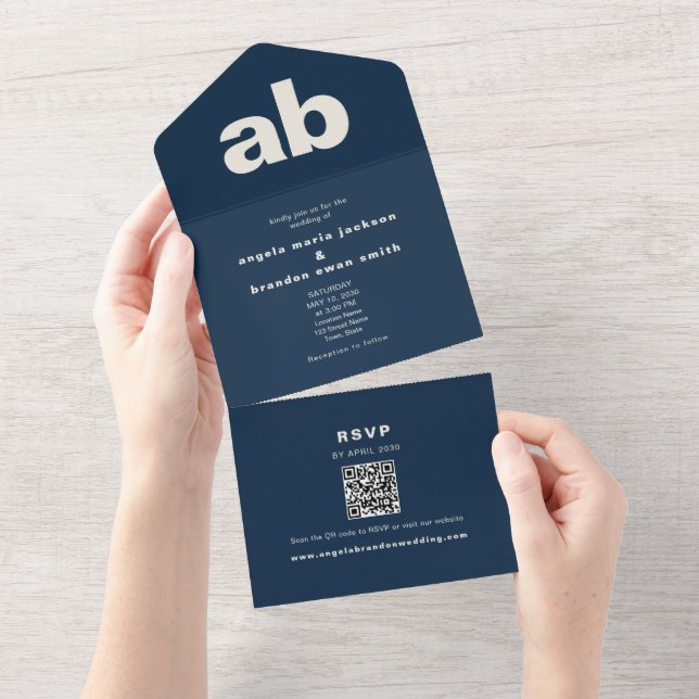 Navyblå Monogram QR-kod Bröllop (Avrivbar del)