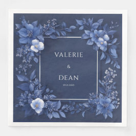 Navyblå Monokrom Blommig Vit Bröllopsklänning Pappersservett