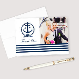 Navyblå nautisk vigselmonogramfoto tack kort
