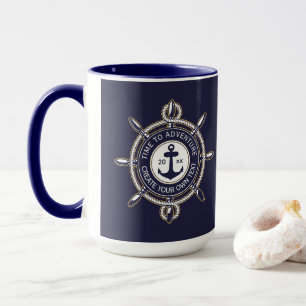 Navyblå och beige rund med kustkompass mugg