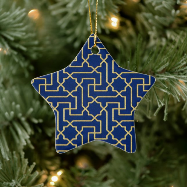 Navyblå och falsk guld marockansk mosaikmönster  julgransprydnad keramik (Träd)