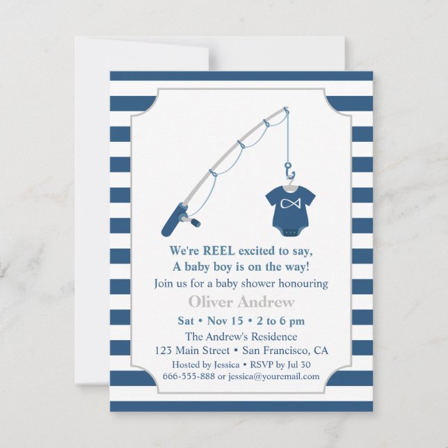 Navyblå och grå fisketemat baby shower inbjudningar (Framsida)