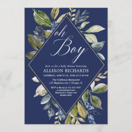 Navyblå och gröna blad pojke baby shower inbjudningar