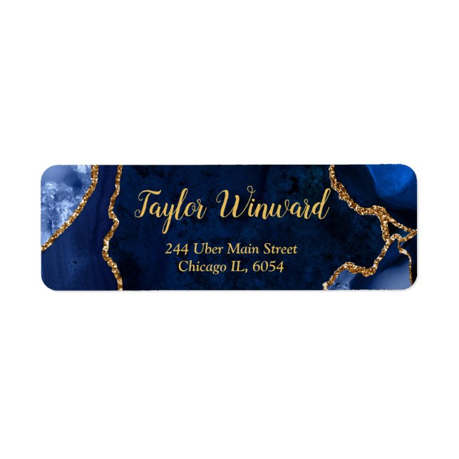 Navyblå och guld Ådrad marmor Födelsedagsfest Returadress Etikett (Framsidan)