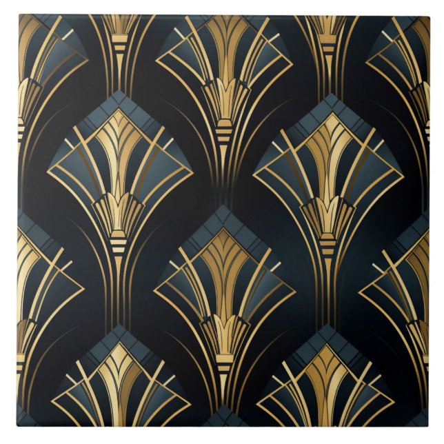 Navyblå och guld Art Deco diamantfläktar Kakelplatta (Framsidan)
