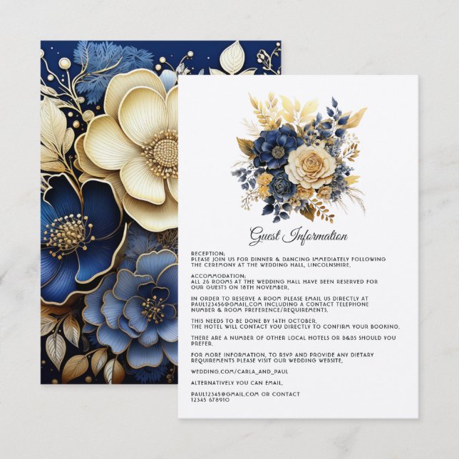 Navyblå och guld Blommig Bröllopsgästinformation Tilläggskort (Fram/baksida)